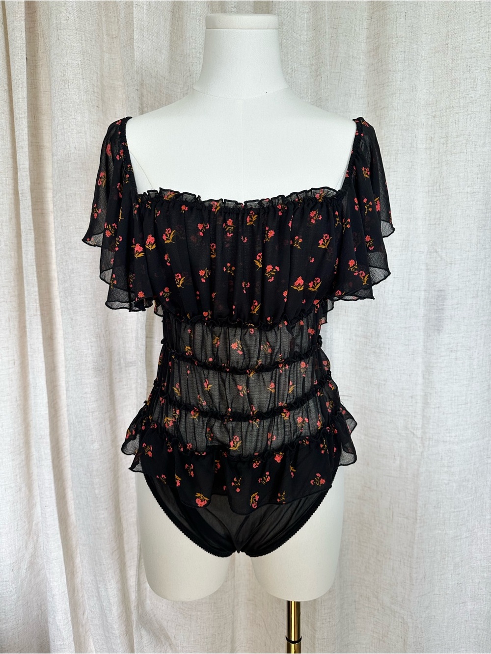 Free people Black Floral Ruffled Sheer Bodysuit